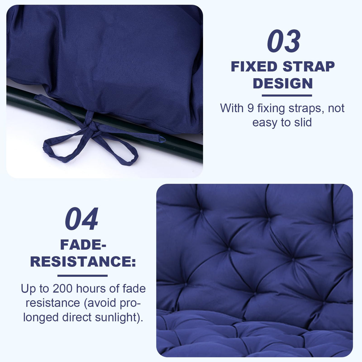 EverPine cushion with nine reinforced ties stays anchored to swing or bench.