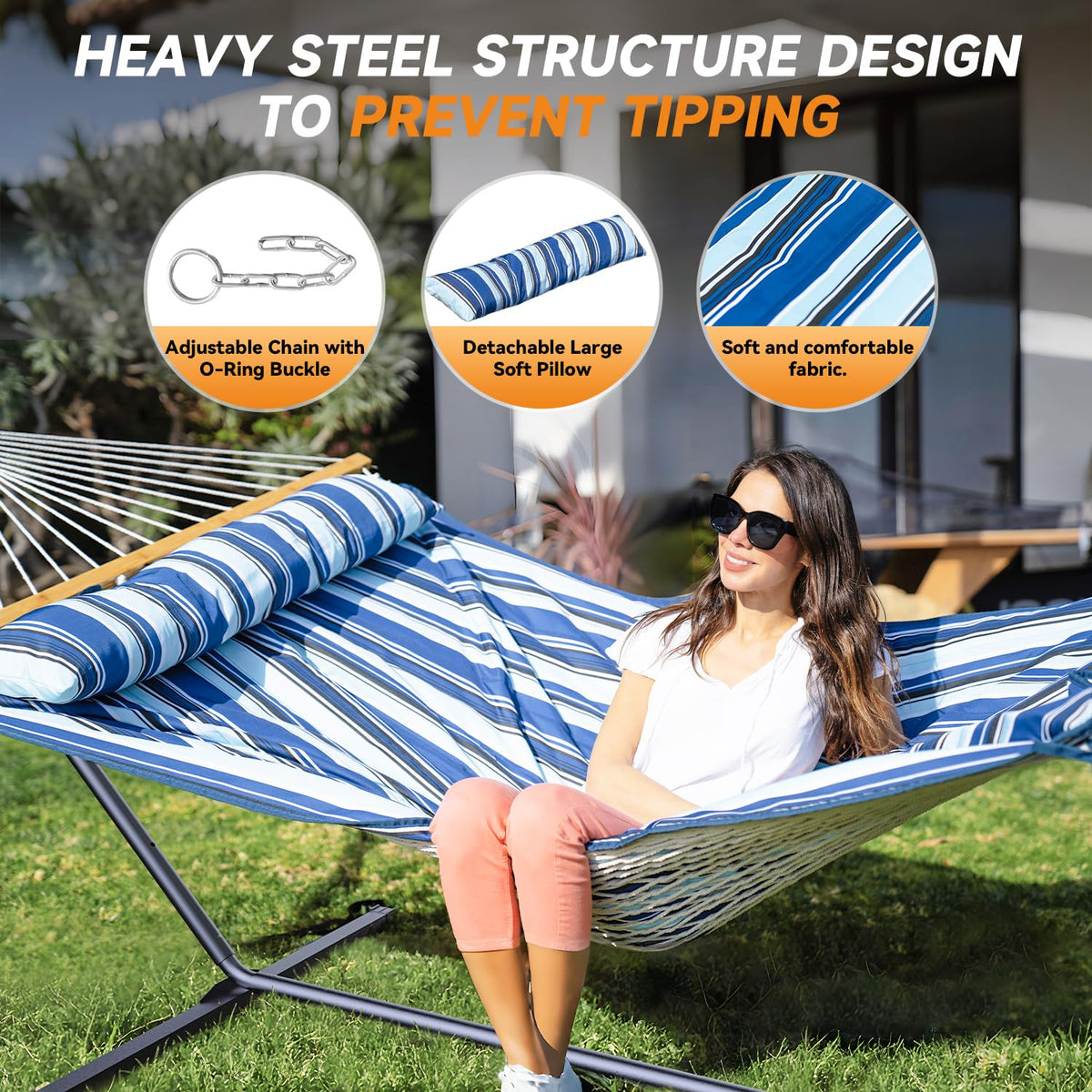 Everyfun steel frame close-up highlights sturdy, weather-resistant support.