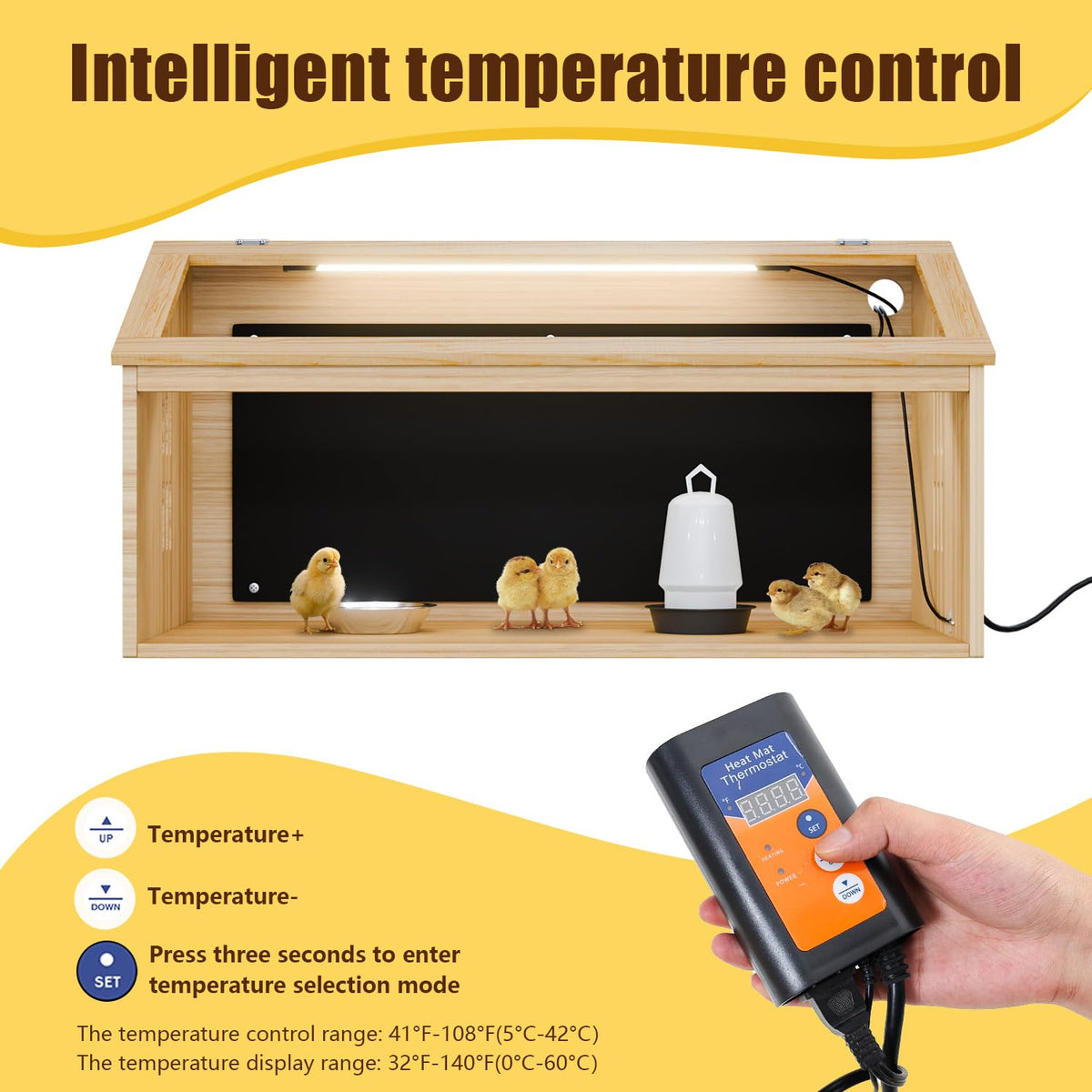 EVERYGROW thermostat control panel enables adjustable temperature for newborn chicks