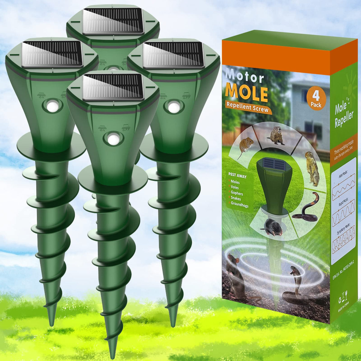 EVESKY mole repellent solar-powered 4-pack protects lawns from moles and voles