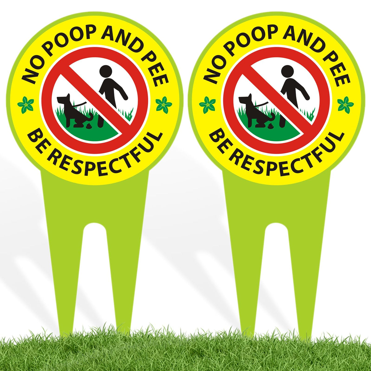 EVIESKENT No Dog Poop Sign 2 Pack — front view on green lawn for clear notice