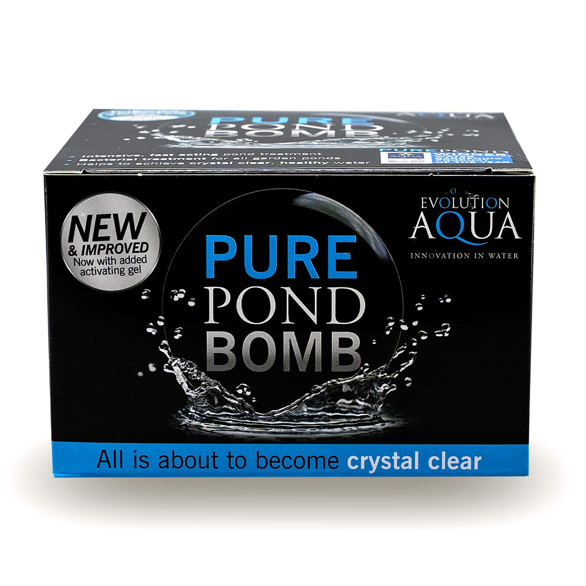 Evolution Aqua Pure Pond Bomb label closeup highlights natural bacteria and enzymes
