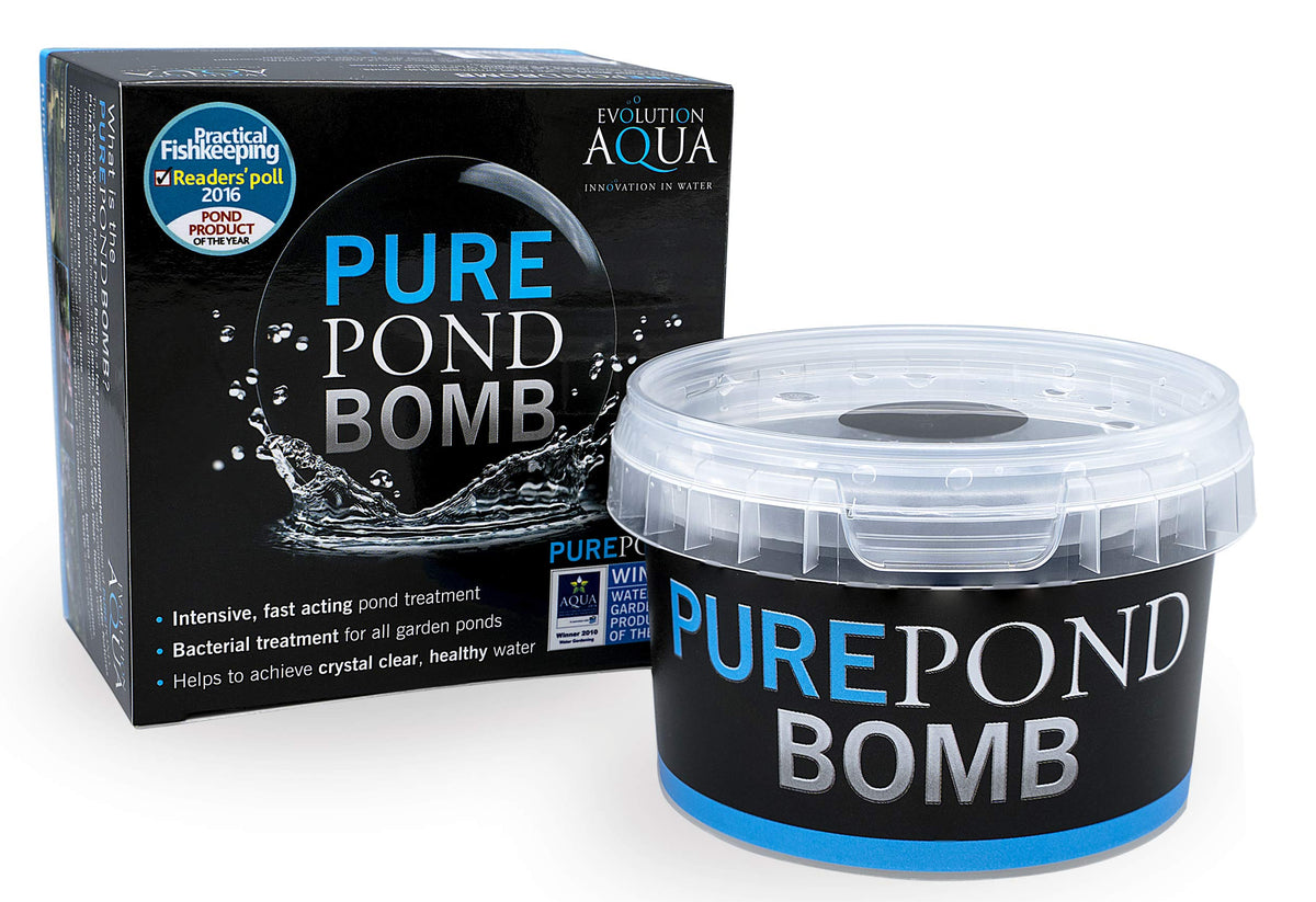 Evolution Aqua Pure Pond Bomb packaging shown with label, ready to treat ponds up to 20,000 litres