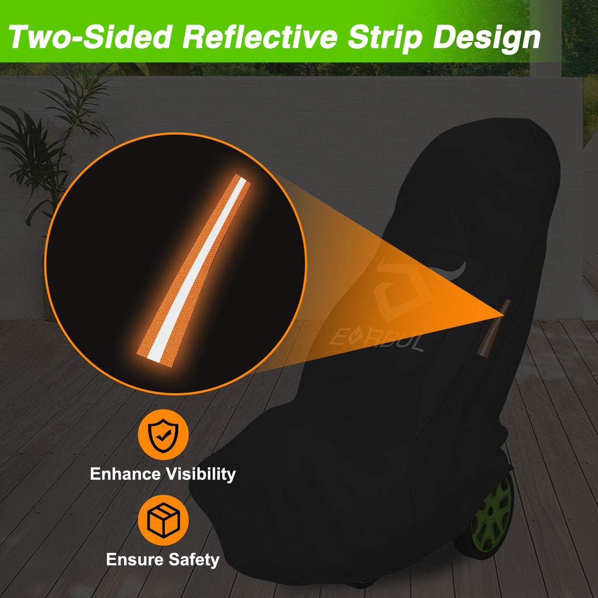 Elastic bottom and wind strap secure the EVRBUL cover during windy days