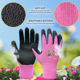 Evridwear Kids Gardening Gloves pink back of hand reveals breathable fabric for comfort.