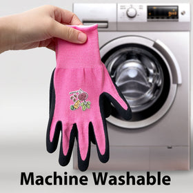 Evridwear Kids Gardening Gloves pink elastic cuff provides snug wrist fit.