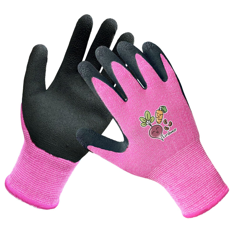 Evridwear Kids Gardening Gloves pink palm close-up shows non-slip grip for tools.