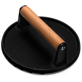 EWFEN burger press 7-inch cast iron in action showing even heat and grill marks