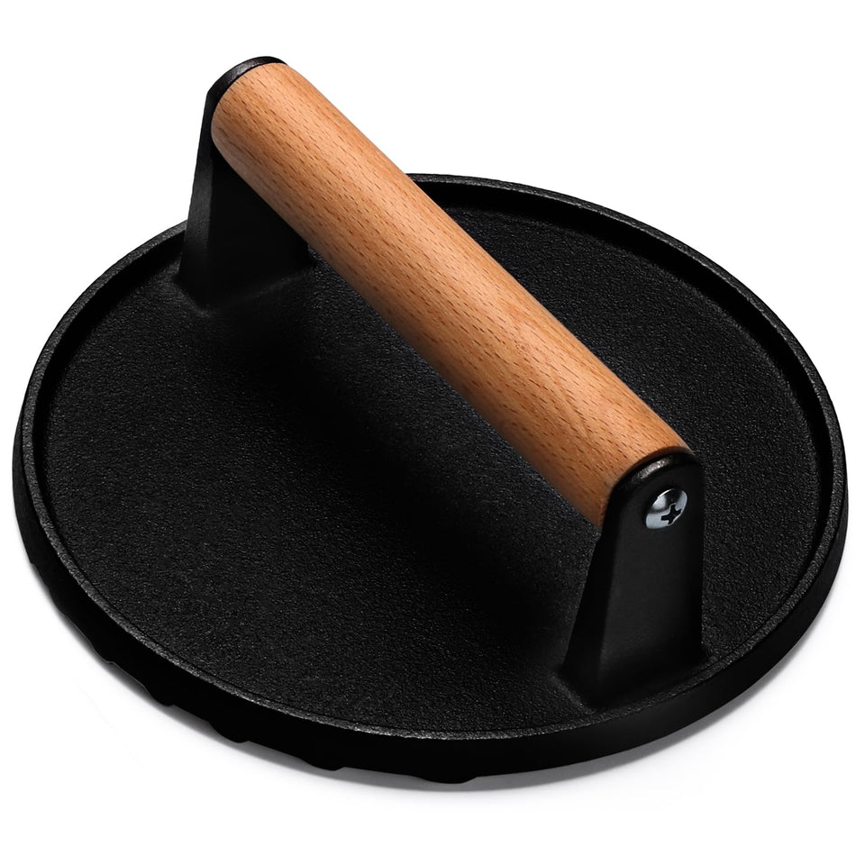 EWFEN burger press 7-inch cast iron in action showing even heat and grill marks