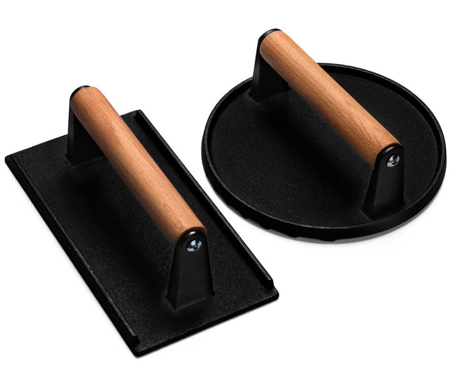EWFEN round 7in burger press with wood handle for even sear