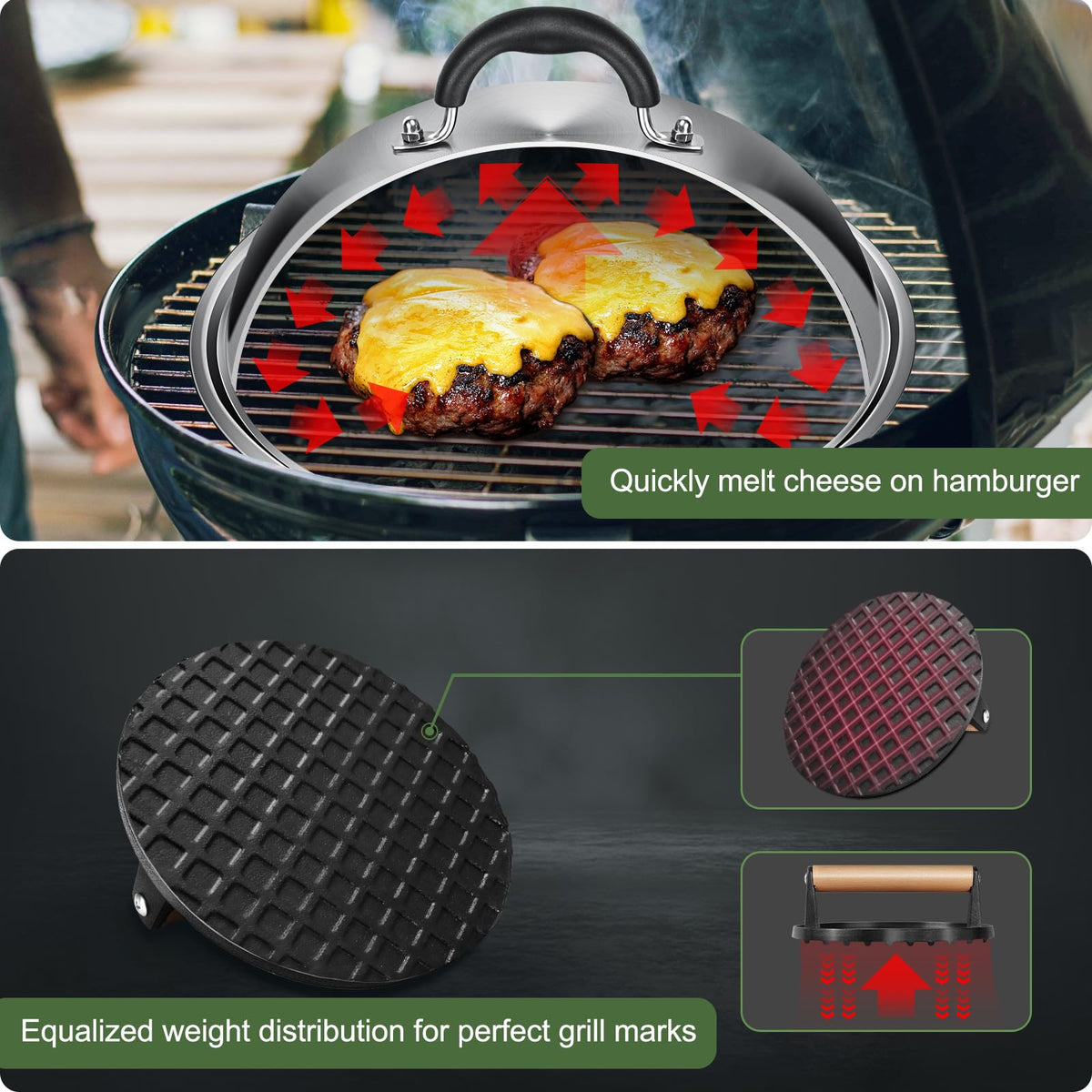 EWFEN cast iron press with wooden handle for even sear and fat reduction