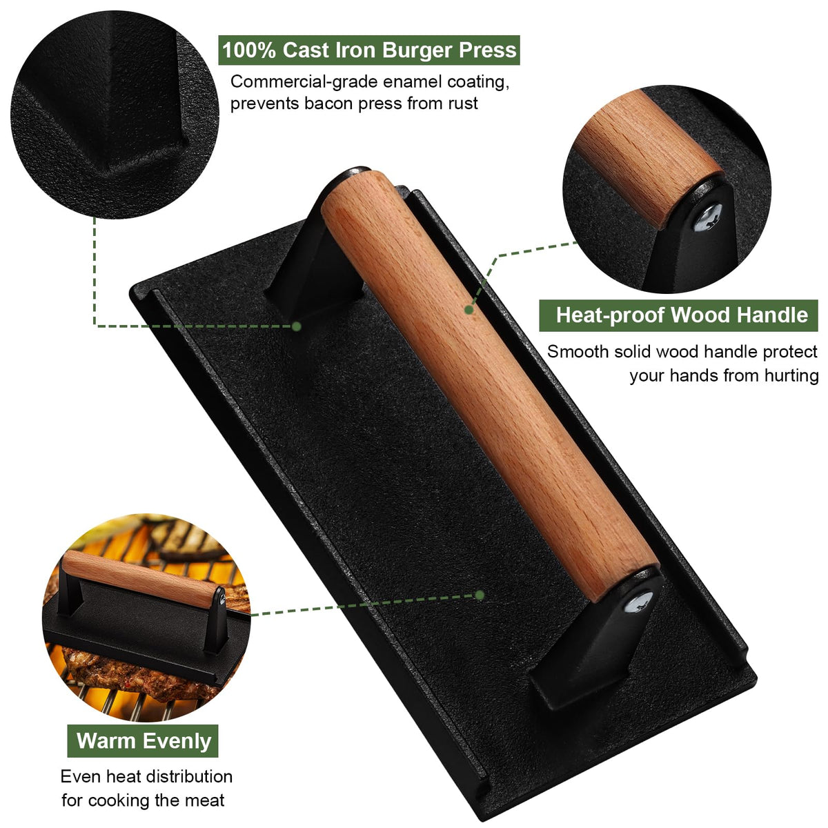EWFEN cast-iron press grooved bottom for restaurant-quality grill marks