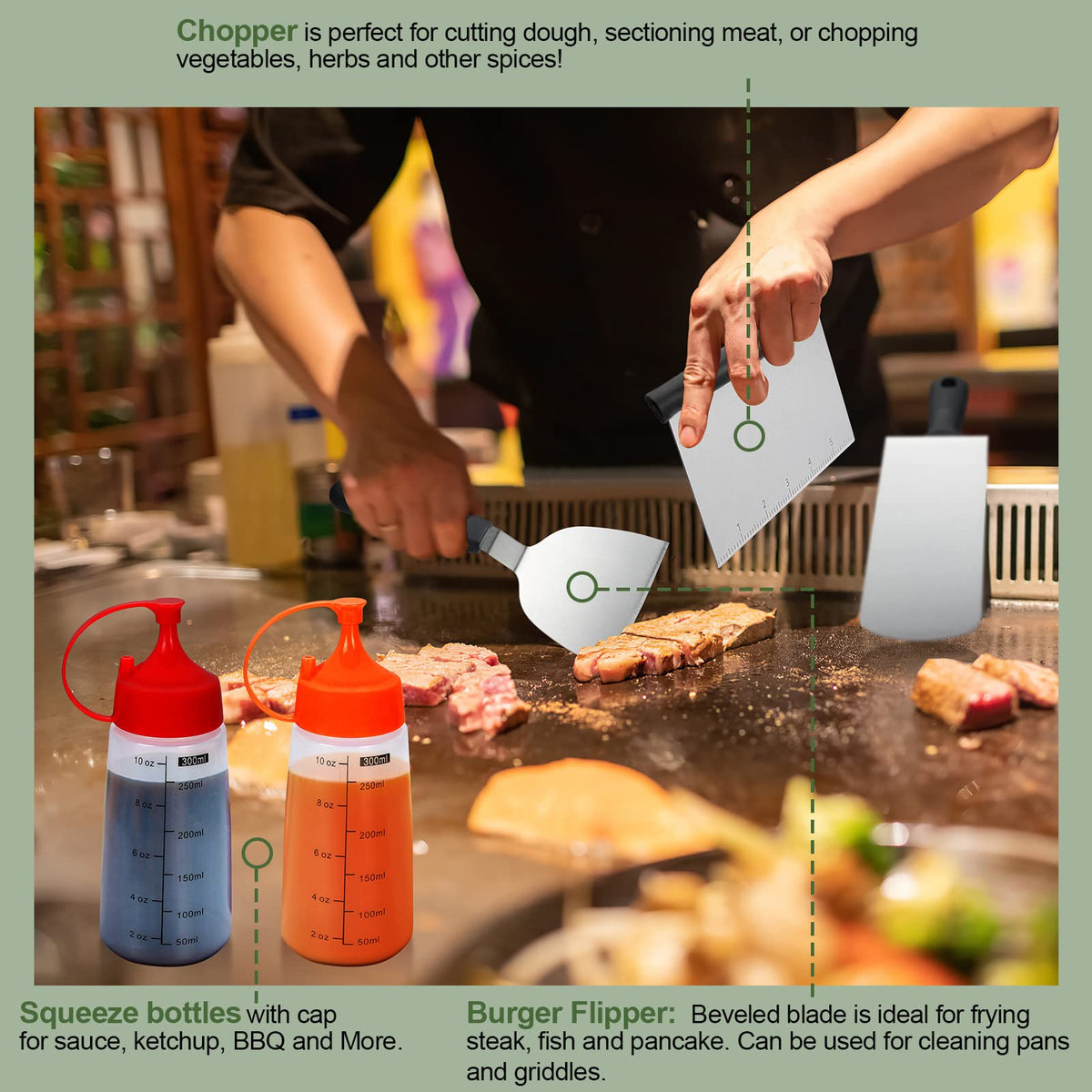 EWFEN egg rings create uniform rounds on the griddle surface.