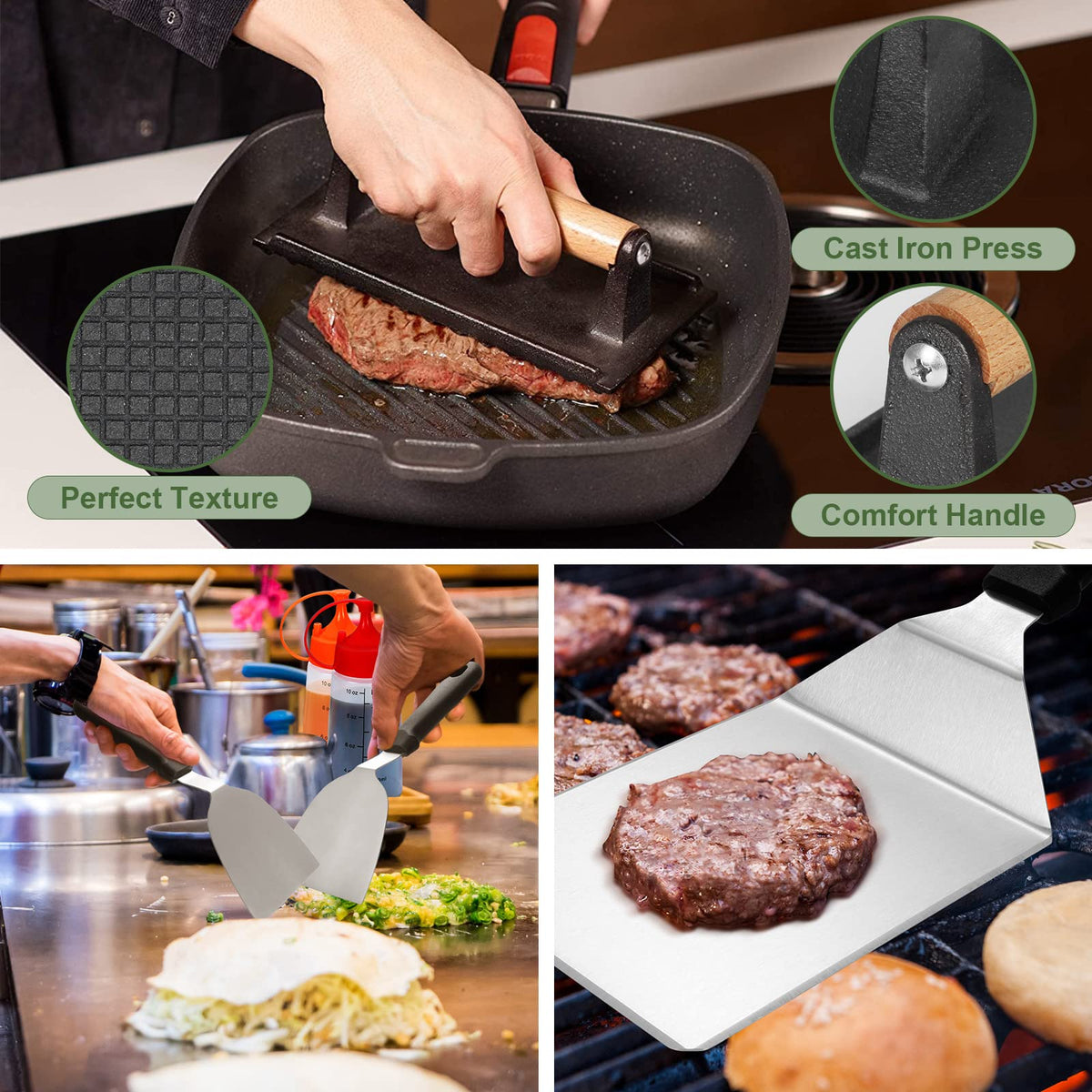 EWFEN cast-iron griddle press helps flatten burgers for even browning.