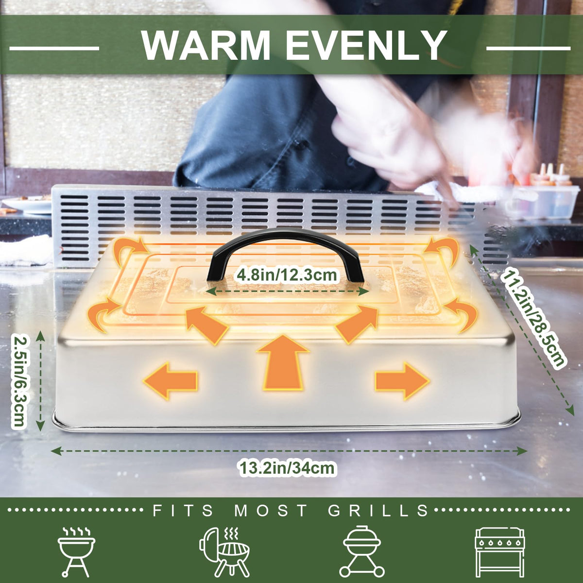 EWFEN steaming cover traps heat to keep foods warm during service.