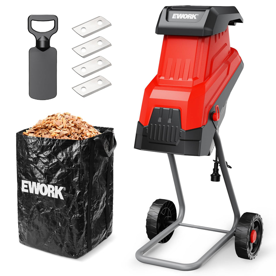 EWORK 15-Amp wood chipper front view shows compact design for easy backyard cleanup.