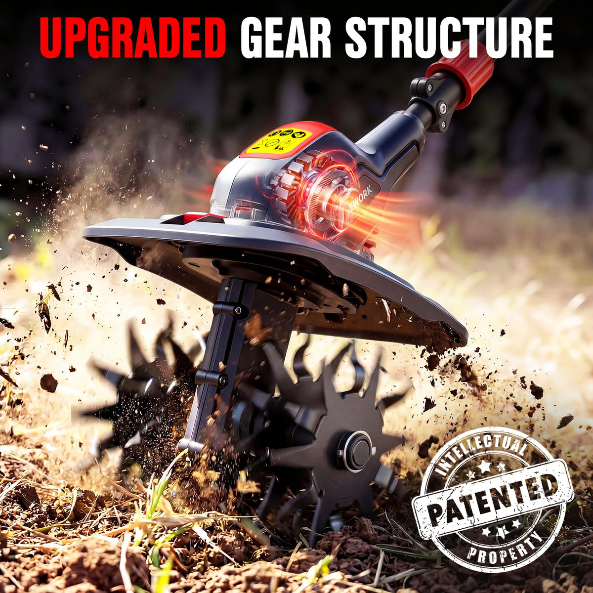 EWORK tiller splash guard protects plants and hands during operation