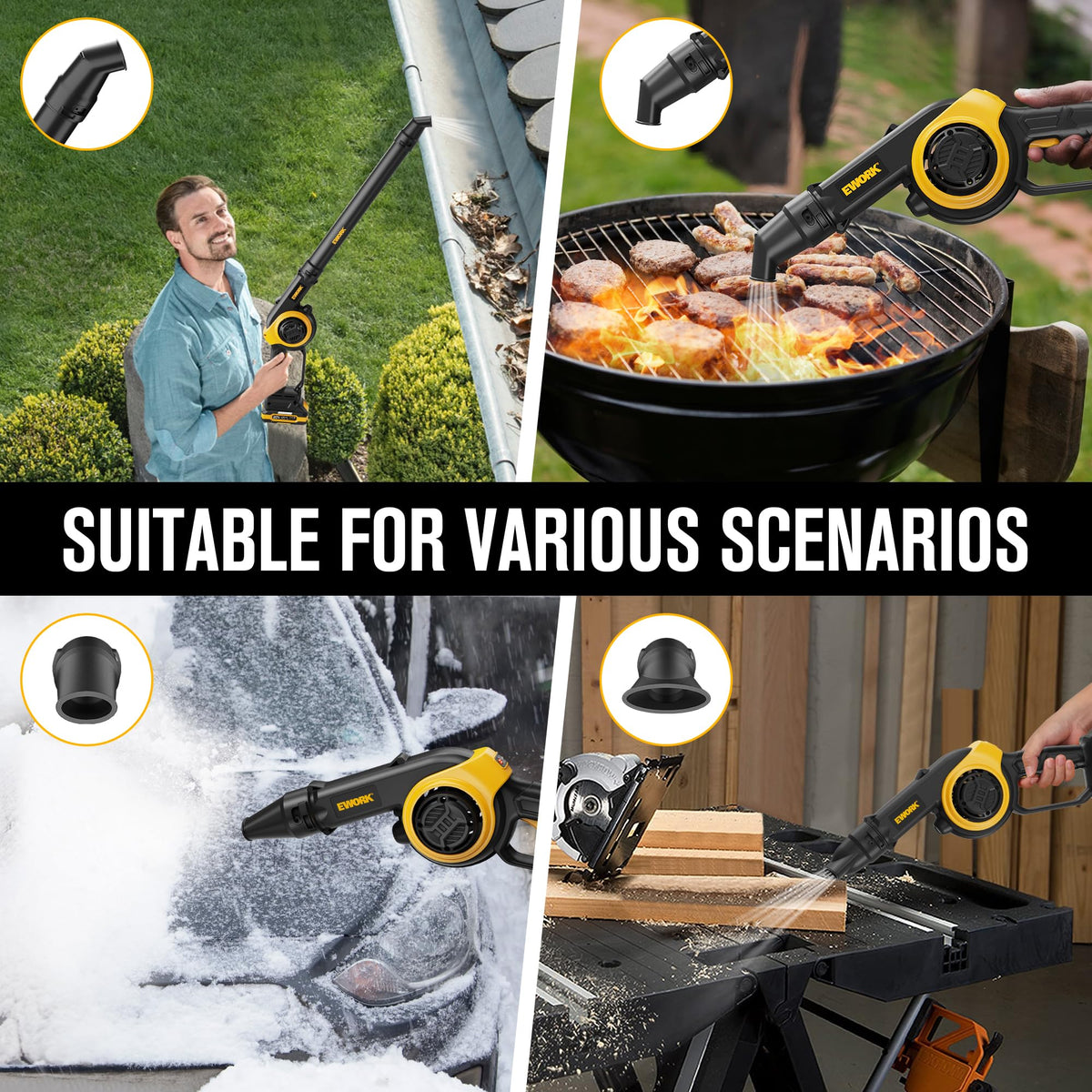 EWORK blower with three short tubes and extension tube for versatile reach
