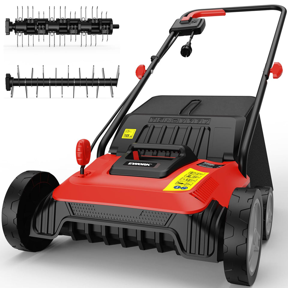 EWORK electric dethatcher shows a 14-inch wide path for efficient lawn care