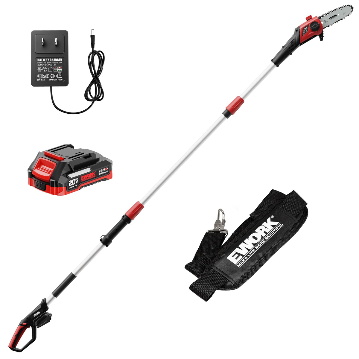 EWORK electric pole saw cutting an 8-inch board for efficient pruning