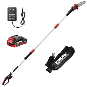 EWORK electric pole saw cutting an 8-inch board for efficient pruning