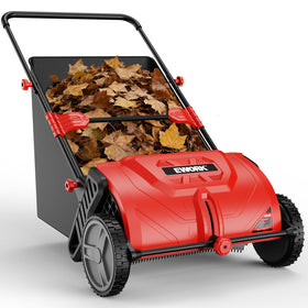 EWORK 26-inch lawn sweeper demonstrates wide cleaning width for efficient yard cleanup