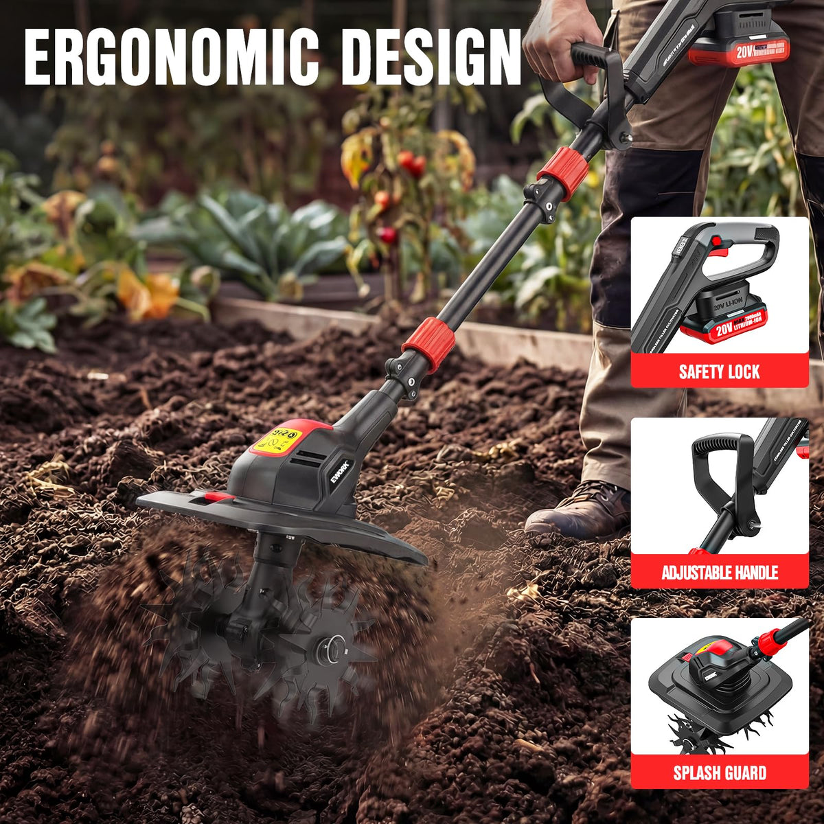 EWORK tiller in garden used for preparing beds and aeration