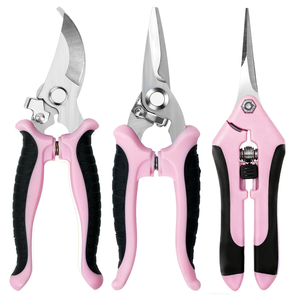 EWPJDK garden pruning shears front view in pink showing comfortable grip and compact design for precise trimming