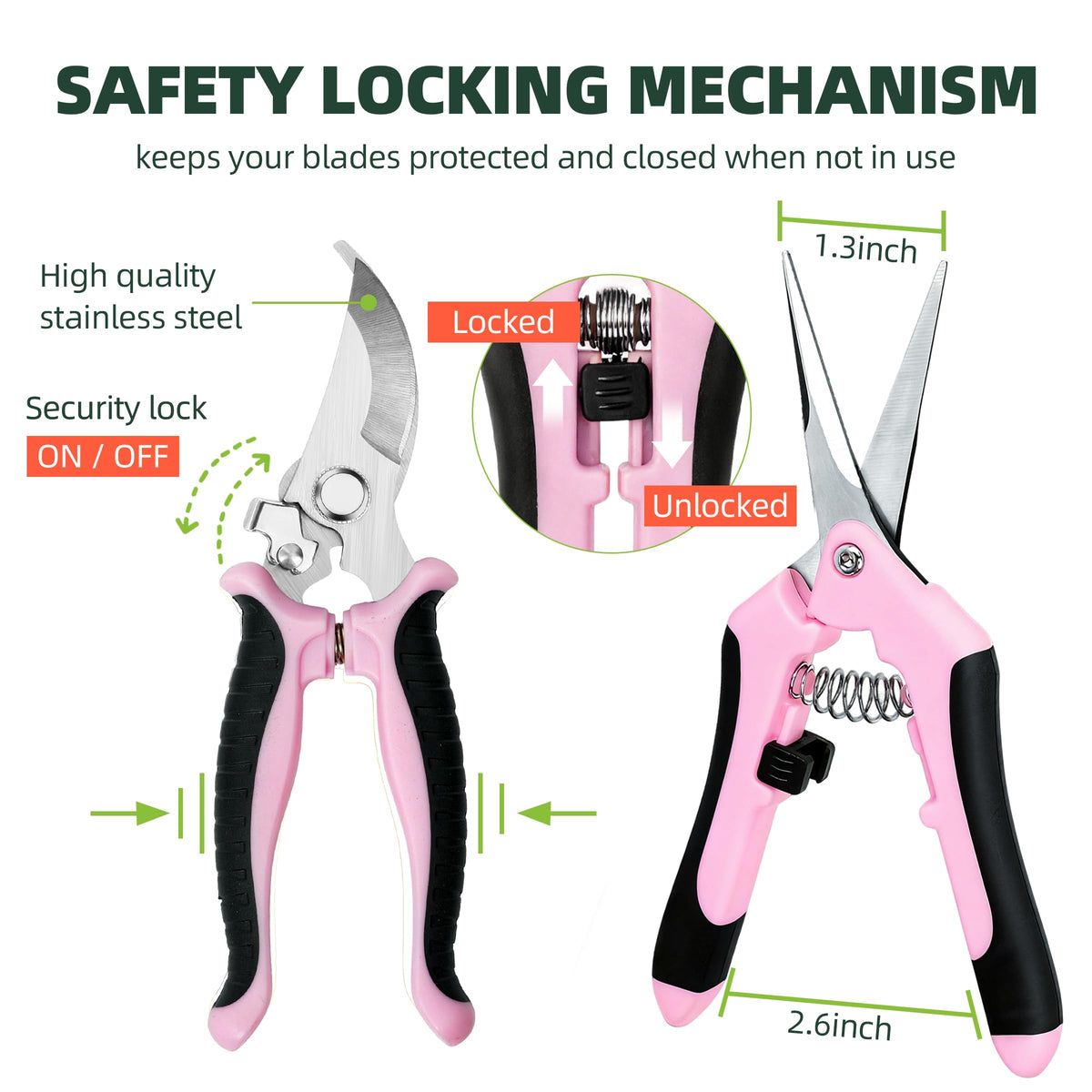 EWPJDK pink pruning shears secure locking mechanism for safe storage