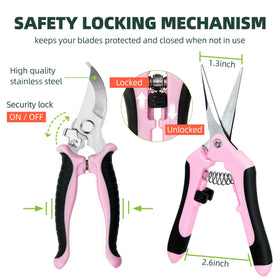 EWPJDK pink pruning shears secure locking mechanism for safe storage