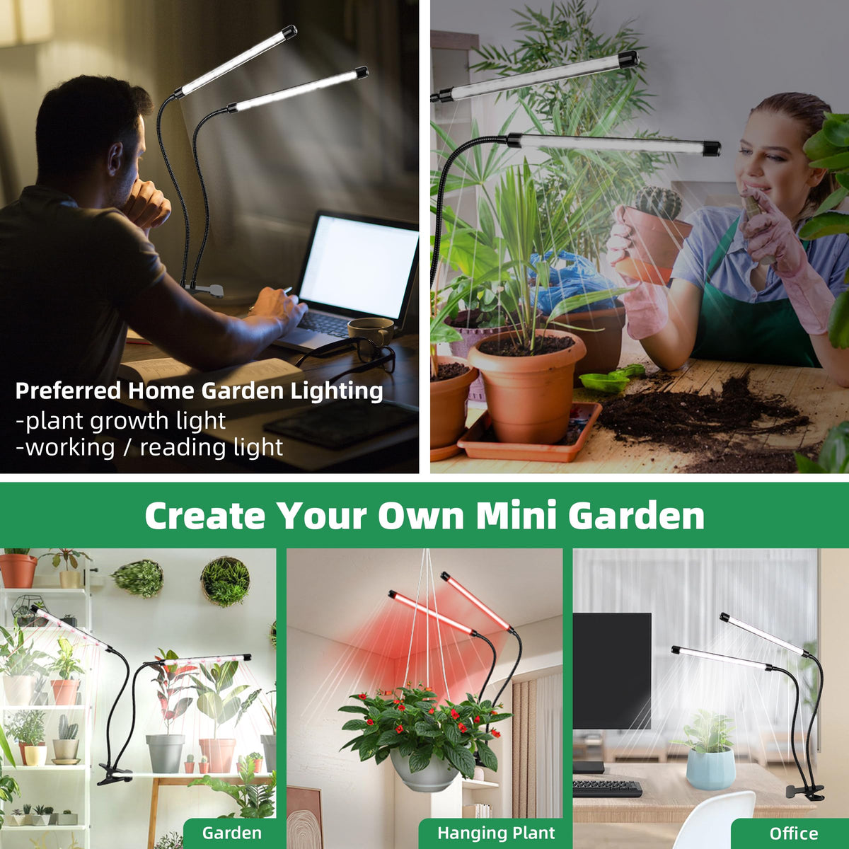 EWPJDK Grow Light clip-mount shown in use over a potted plant.