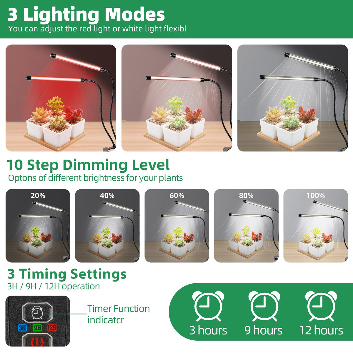 EWPJDK Grow Light provides ten dimming levels for different growth stages.