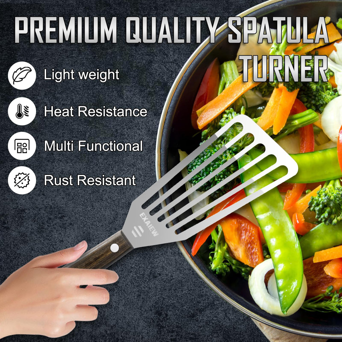 EXAIEW wooden-handle spatula ergonomic grip during searing and flipping.