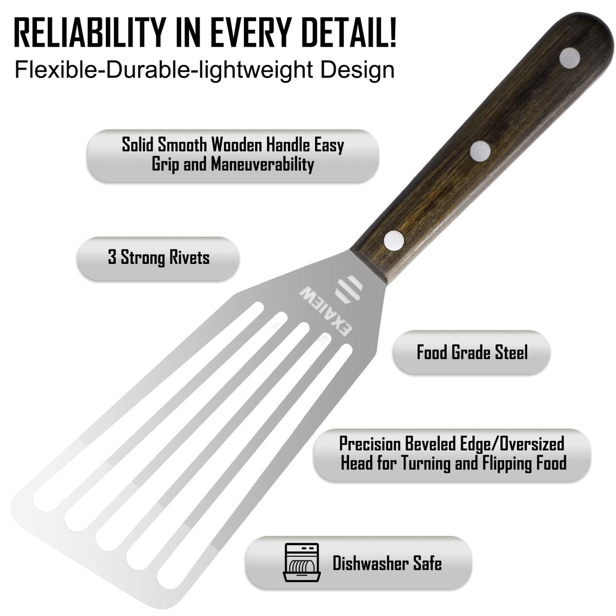 EXAIEW grill-burger-flip spatula sturdy for flipping on the grill.