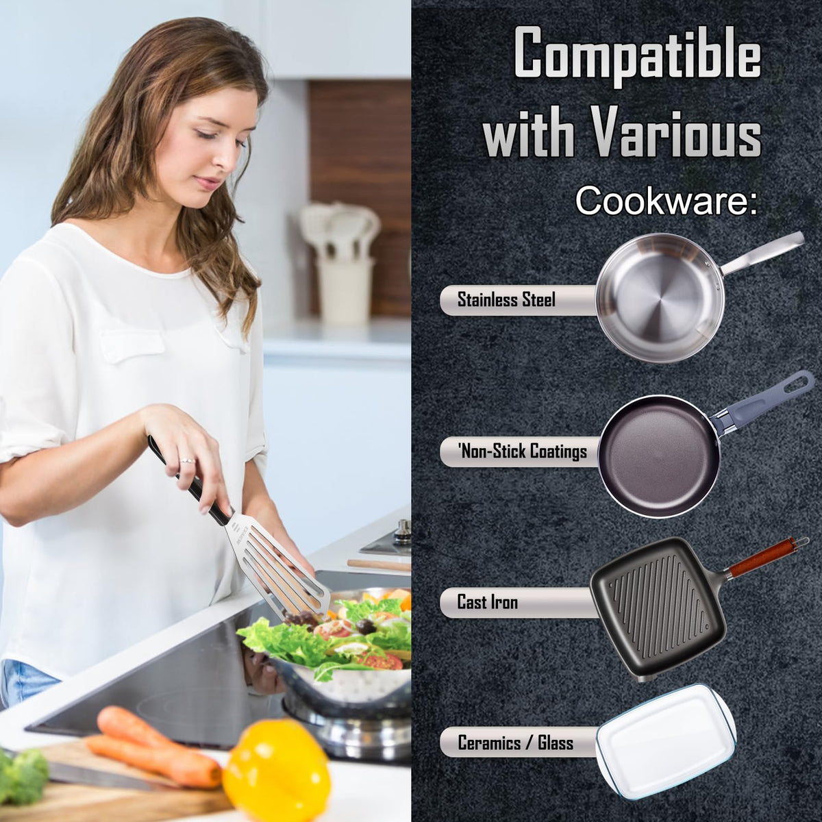 EXAIEW pancake-flip spatula flexible edge glides under batter.