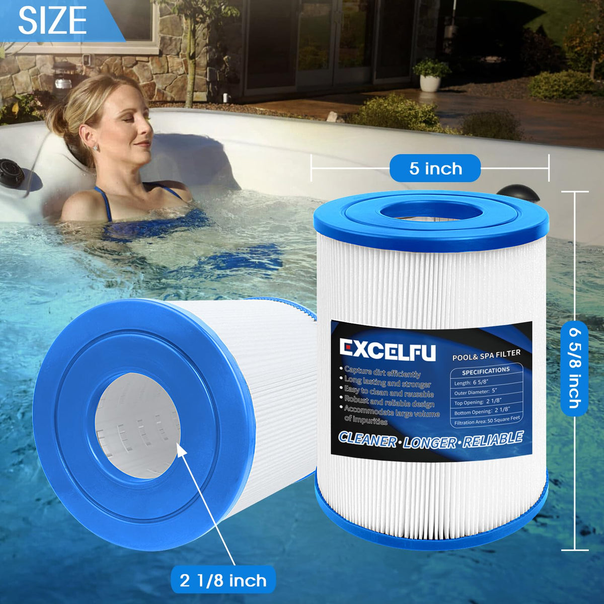 EXCELFU spa filter featuring chlorine-resistant end caps for chemical resilience