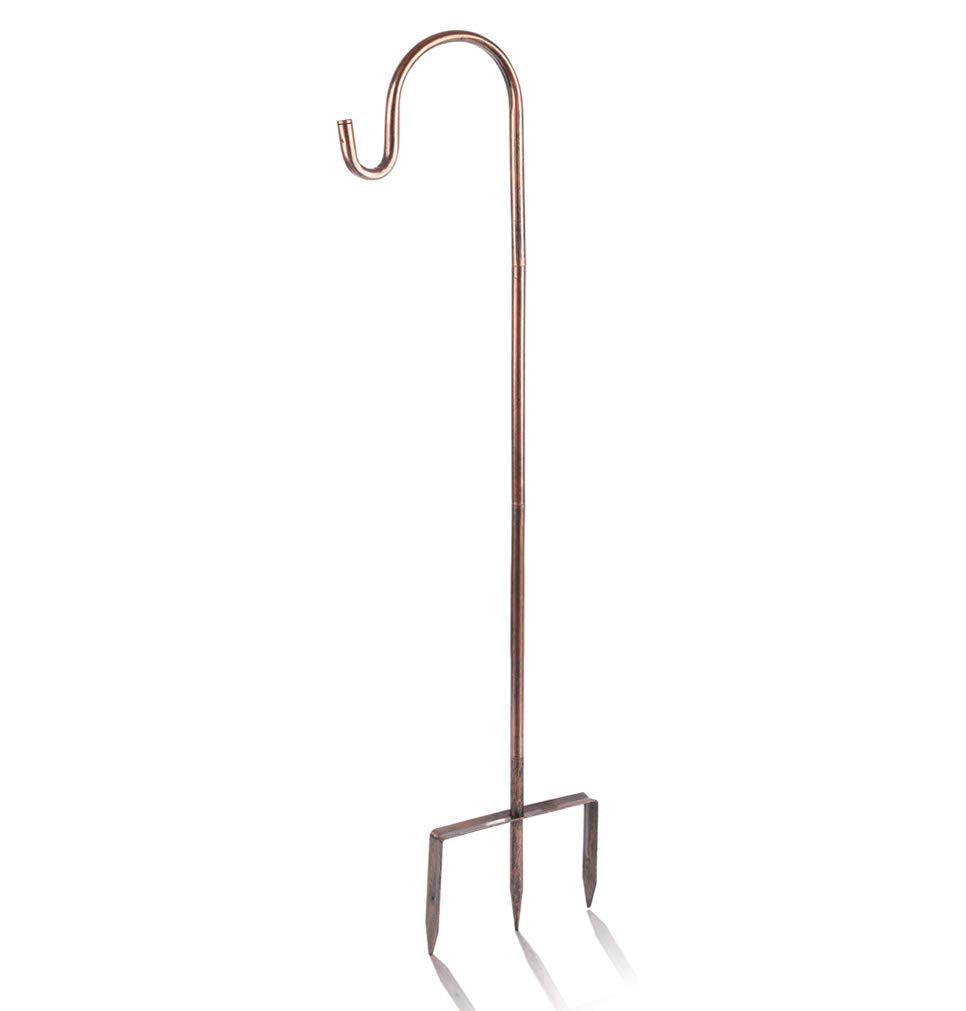 EXCMARK Shepherd Hook 32-inch bronze supports outdoor lanterns and bird feeders.