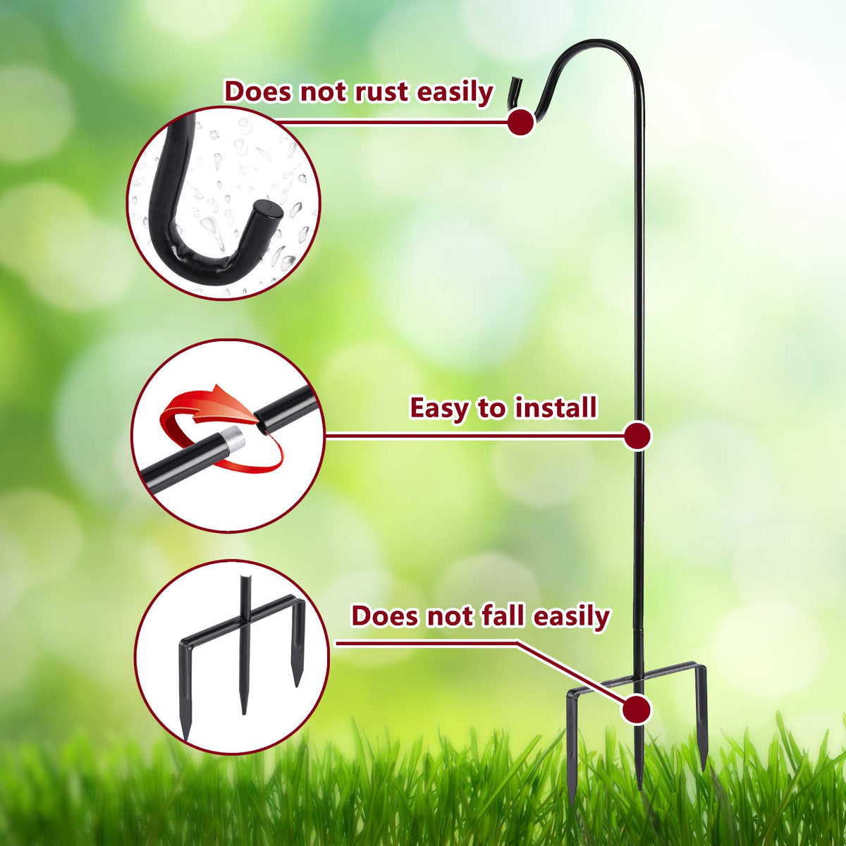 EXCMARK shepherd hook with black finish blends with garden aesthetics.