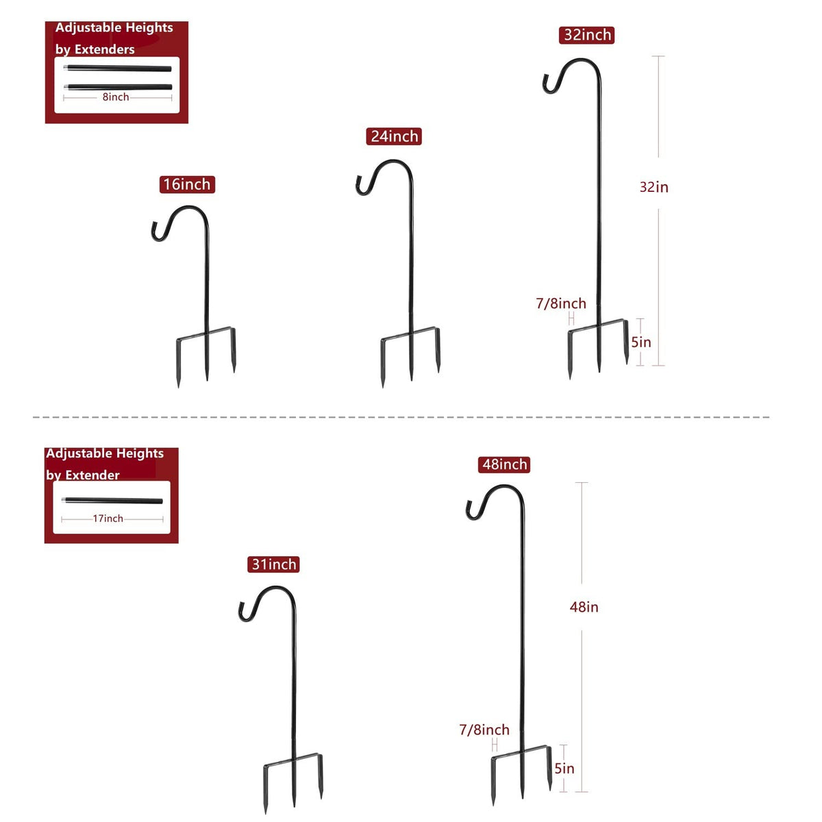 EXCMARK Shepherd Hook extended to 24-32 inches for dramatic garden displays.