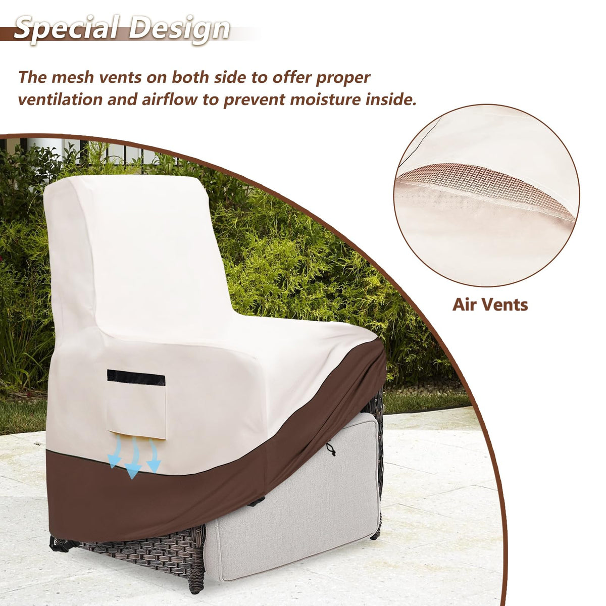 Exokugo outdoor recliner cover rear view shows drawstring hem for a snug fit.