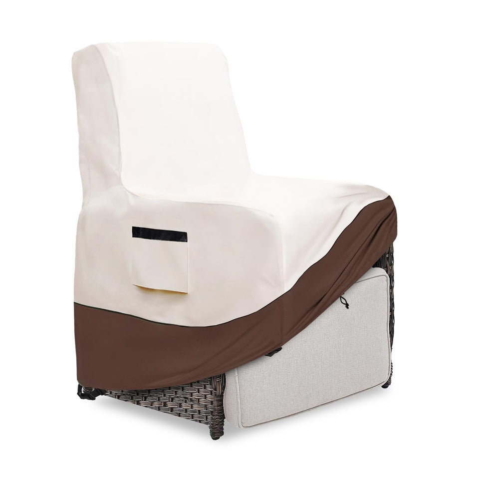 Exokugo outdoor recliner cover front view demonstrates a secure fit protecting against rain and sun.