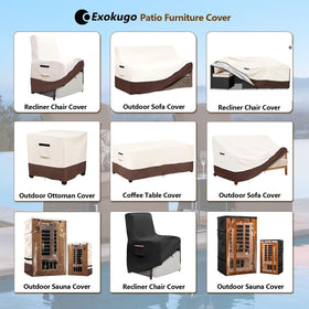 Exokugo outdoor recliner cover buckle straps demonstrate wind-proof securement on breezy days.
