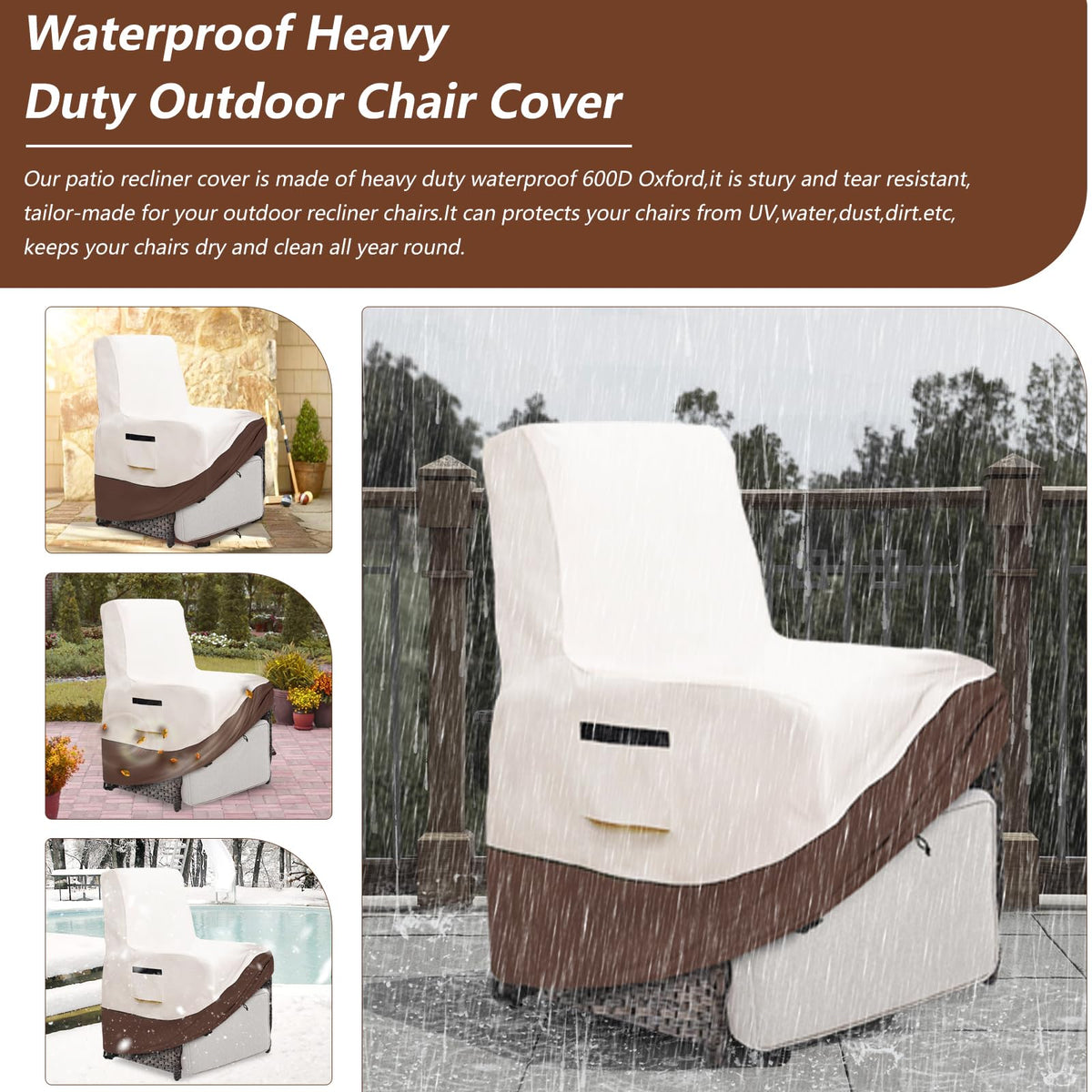 Exokugo outdoor recliner cover with handles makes on/off easy and fast.
