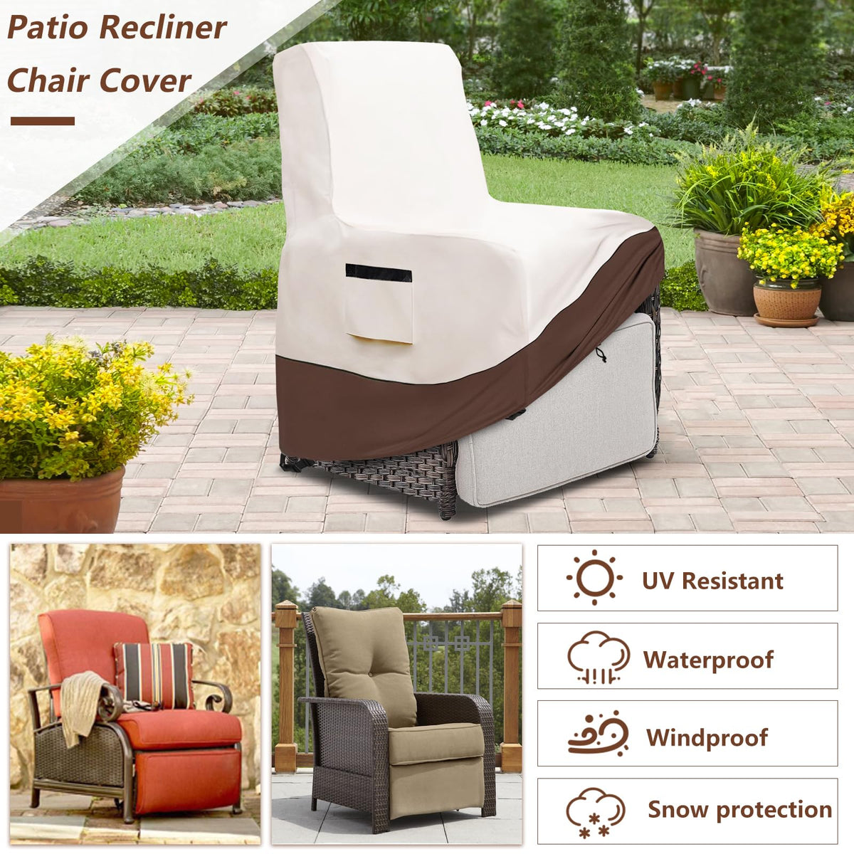 Exokugo outdoor recliner cover in beige-brown color shows stylish outdoor protection.