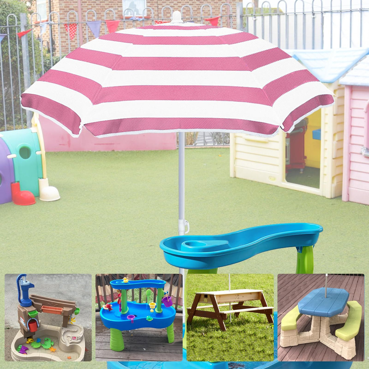 Exokugo pink umbrella at the beach provides sun protection for sand play
