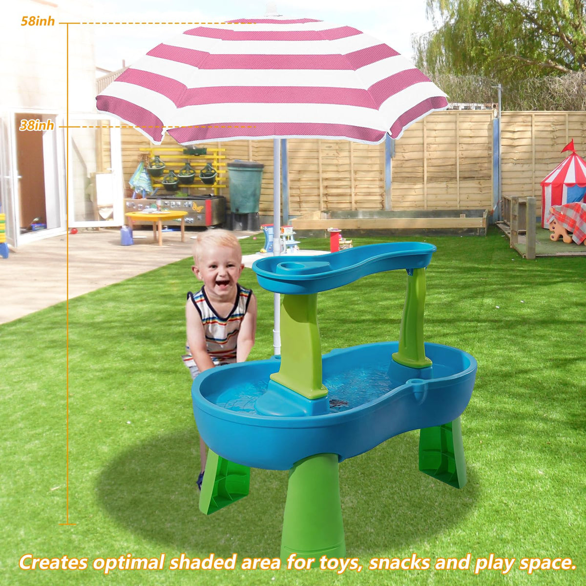 Exokugo umbrella overhead water table creates a shaded play area