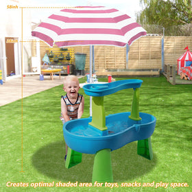 Exokugo umbrella overhead water table creates a shaded play area