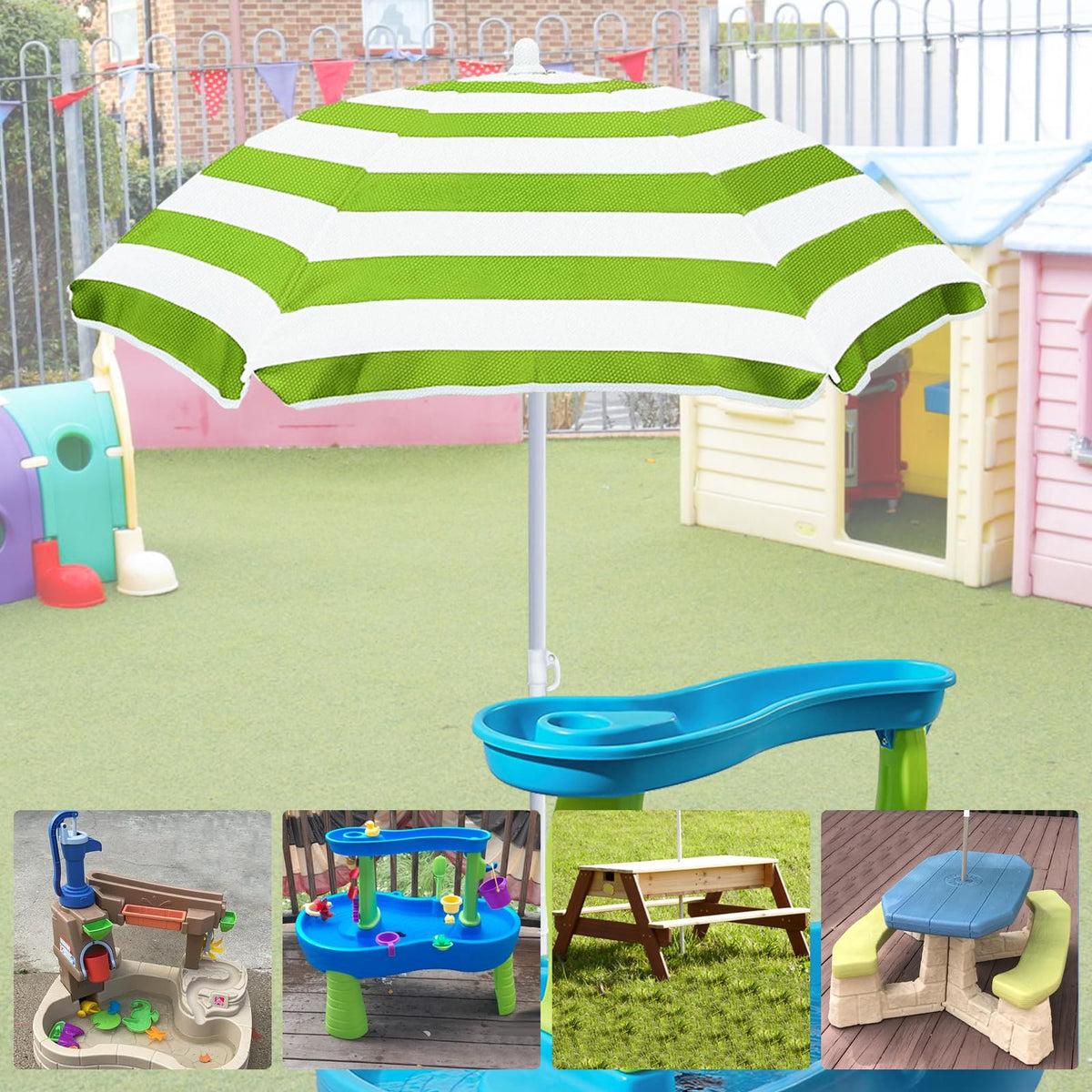 Exokugo kids umbrella covers a sand table at the beach for comfort