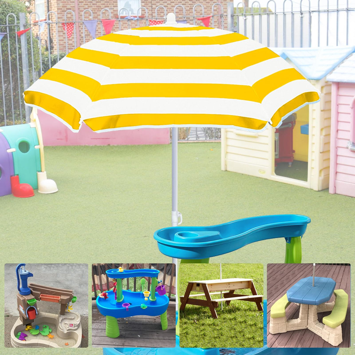 Exokugo umbrella shows dual steel poles providing sturdy outdoor shade.