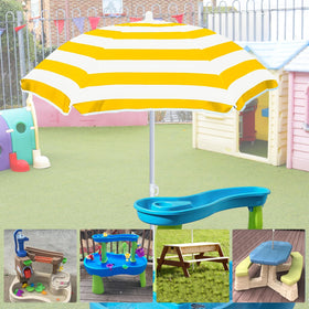 Exokugo umbrella shows dual steel poles providing sturdy outdoor shade.